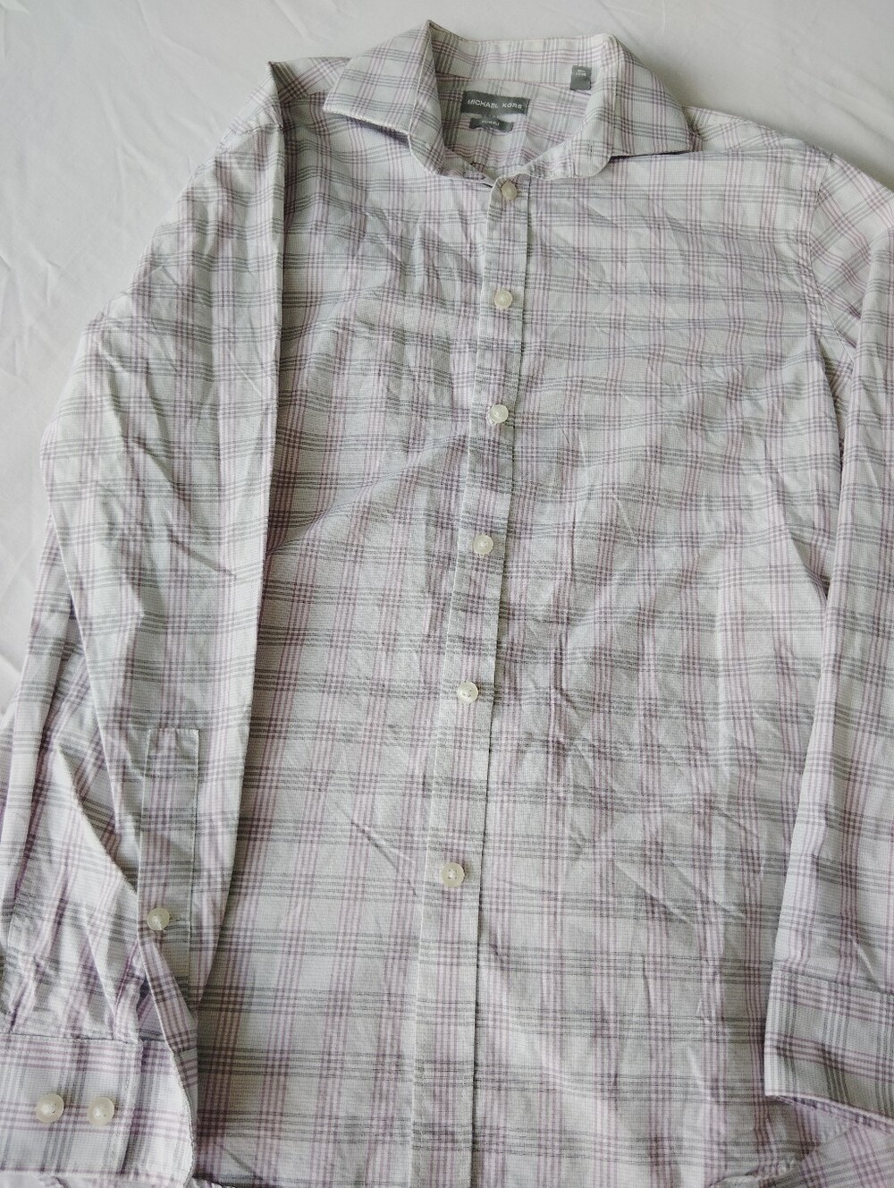 Michael Kors Men’s White and Light Purple Plaid Dress Shirt Slim Fit M